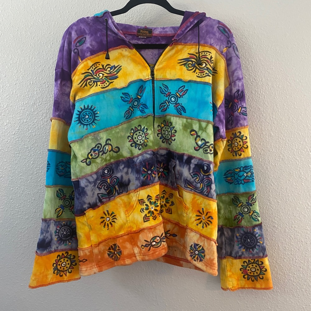 Boho Rainbow Hoodie XL 100% Cotton Bohemian Hippie Festival Slouchy Patchwork